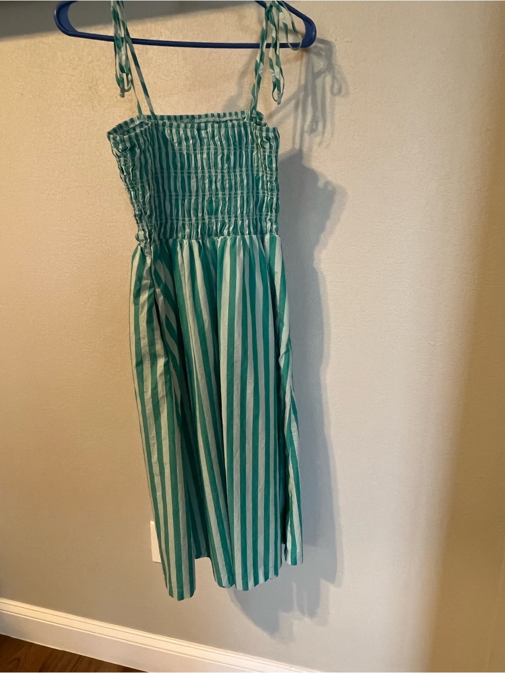 a new day Green and Teal Tied Spaghetti Strap Shirred Stripe Sundress Size S - Picture 4 of 4